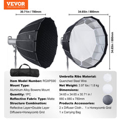 Bostome 33-inch parabolic softbox with Bowens mount, quick fold design, and diffuser layers.