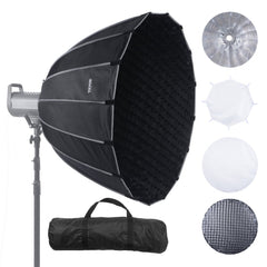 Bostome 33-inch parabolic softbox with Bowens mount, quick fold design, and carrying bag.