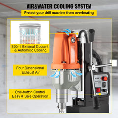 Orange 980W magnetic drill press with 35mm boring capacity, coolant bottle, and exhaust vents.