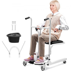 Electric patient lift transfer chair with 180° split seat, used by elderly woman, 220 lbs capacity.