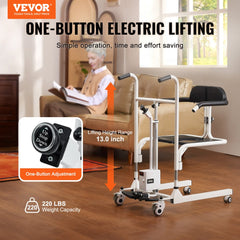Electric patient lift transfer chair with one-button operation, 220 lbs capacity, and 13-inch lift range.