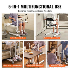Electric patient lift transfer chair with 180° split seat and 220 lbs capacity, shown in multiple use scenarios.