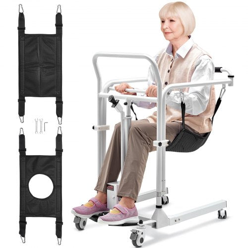 Folding electric patient lift transfer chair with adjustable height and safety features.