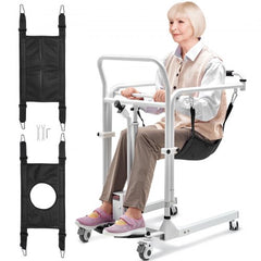Folding electric patient lift transfer chair with adjustable height and safety features.