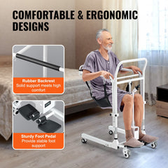Folding electric patient lift transfer chair with adjustable height and safety features.