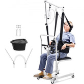Electric patient lift transfer chair with 220 lbs capacity and swivel wheels for easy transport.