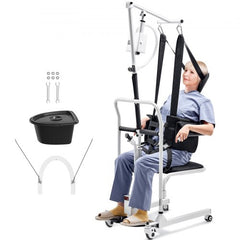 Electric patient lift transfer chair with 220 lbs capacity and swivel wheels for easy transport.