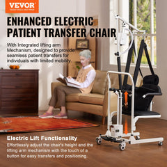 Electric patient lift transfer chair with 220 lbs capacity and swivel wheels for easy transport.
