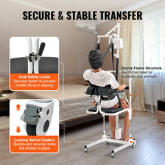 Electric patient lift transfer chair with a 220 lbs capacity and swivel wheels for easy transport.