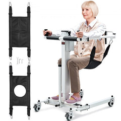 Folding electric patient lift transfer chair with 220lb capacity, white and black.