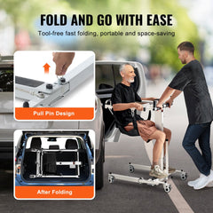 White and black folding electric patient lift transfer chair with 220lb capacity.