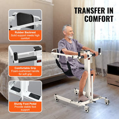 Folding electric patient lift transfer chair with 220 lb capacity, white and black.