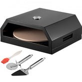 Black stainless steel portable pizza oven kit with cordierite stone, pizza peel, cutter, and brush.