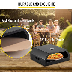 Black stainless steel portable pizza oven with cordierite stone on a wooden surface.