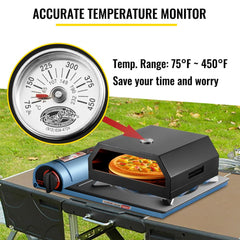 Portable stainless steel pizza oven kit with cordierite stone and built-in thermometer on a table.