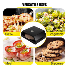 Collage showing versatile uses of portable pizza oven for pizza, vegetables, meat, and biscuits.