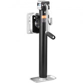 Black bolt-on trailer tongue jack with crank handle, 2500 lb capacity, and foot plate.