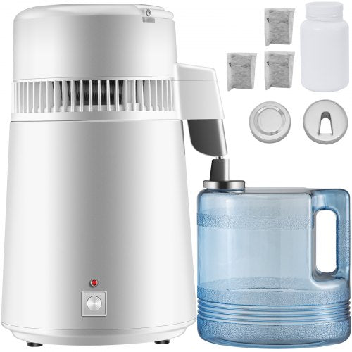 White 4L stainless steel water distiller with accessories including carbon packs, cleaning powder, and blue collection bottle.