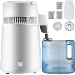White stainless steel water distiller with clear blue collection jug and included accessories.