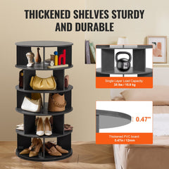 Black 5-tier rotating shoe rack tower with sturdy shelves holding shoes and accessories.