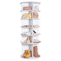 White 6-tier rotating shoe rack tower displaying shoes, boots, and purses on shelves.