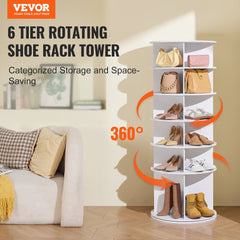White 6-tier rotating shoe rack tower holding shoes and bags in a living room setting.