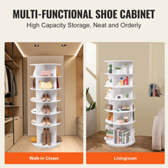 White 6-tier rotating shoe rack tower with 360-degree spin for shoe storage.