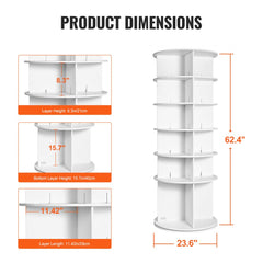 Diagram of 6-tier white rotating shoe rack tower showing dimensions: 62.4 inches tall, 23.6 inches wide, with 8.3-inch layer height.