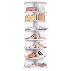 A white 7-tier rotating shoe rack tower displaying various shoes and bags on circular shelves.
