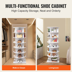 A 7-tier 360-degree rotating shoe rack tower with black PVC base, shown in white with shoes in closet and living room settings.
