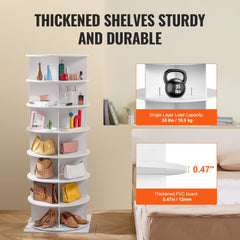 A 7-tier 360-degree rotating shoe rack tower with black PVC base and thickened shelves for sturdy storage.