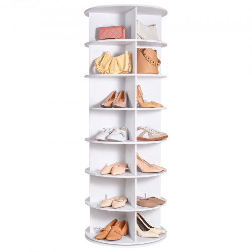 Bostome 7-tier rotating shoe rack tower in white PVC with smooth 360° rotation and sturdy shelves.