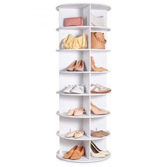 Bostome 7-tier rotating shoe rack tower in white PVC with smooth 360° rotation and sturdy shelves.