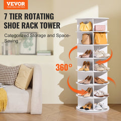 White 7-tier rotating shoe rack tower made of durable PVC wood-plastic board.