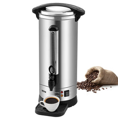 Stainless steel 110-cup commercial coffee urn with dispenser spout and brew indicator.