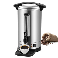 Stainless steel 65-cup commercial coffee urn with black handle, drip spout, and coffee beans.