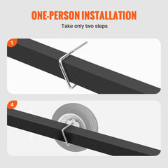 Diagram showing two-step one-person installation of U-bolt spare tire carrier on trailer with wheel.