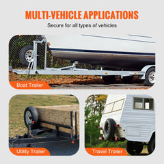 Infographic showing Bostome U-bolt spare tire carrier on boat, utility, and travel trailers.