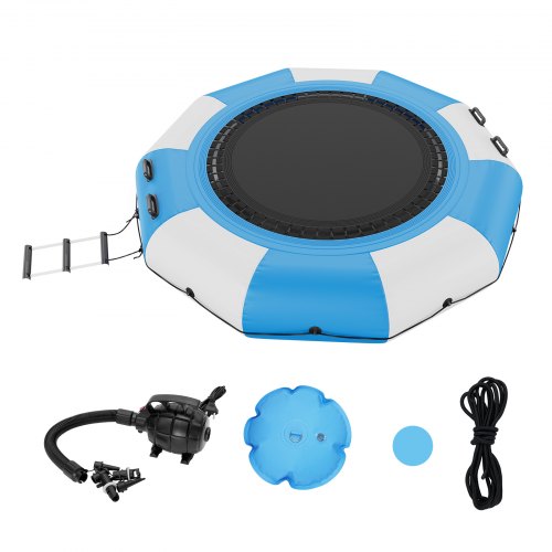 Bostome 10ft inflatable water trampoline with ladder and durable waterproof fabric.