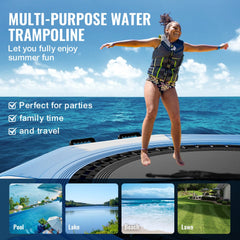 Bostome 10ft inflatable water trampoline with a large bouncing surface and user-friendly ladder.