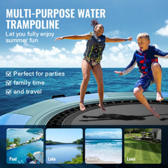 12ft inflatable water trampoline with ladder and pump on a lake with two kids jumping