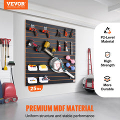 Two black slatwall panels, each 4 ft by 2 ft, made of MDF, with hooks holding tools and sports gear.