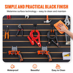 Two black slatwall panels, 4 ft by 2 ft, with tools and hooks mounted on them.