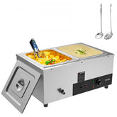 Stainless steel 2-pan electric food warmer with 12QT capacity, holding yellow and green dishes.