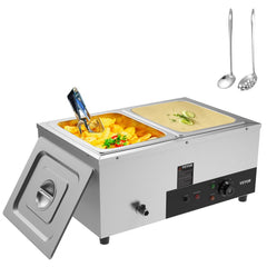 Stainless steel 2-pan electric food warmer with 12QT capacity, open lid, and serving utensils.
