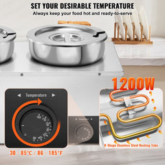 Dual 7.4QT stainless steel pots in a commercial electric soup warmer with temperature control.