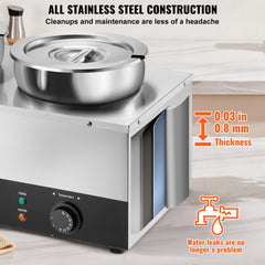 Dual 7.4QT stainless steel pots in a commercial electric soup warmer with adjustable temperature.