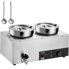 Dual 7.4QT stainless steel pots in a commercial electric soup warmer with adjustable temperature.