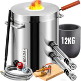 Stainless steel melting furnace kit with dual burners and high-density graphite crucible.