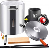 Stainless steel 6kg propane smelting furnace kit with crucible, burner, tongs, and accessories.